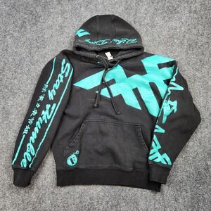 Vintage FMF Hoodie Mens Medium Black Teal Graphic Pullover Sweatshirt Dog Logo